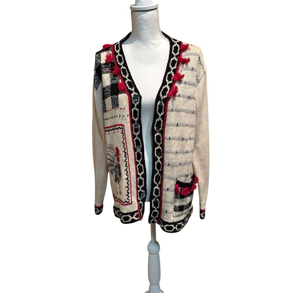 Storybook Knits Cardigan Sweater Cream Black Red‎ Rooster Size Small Tassels